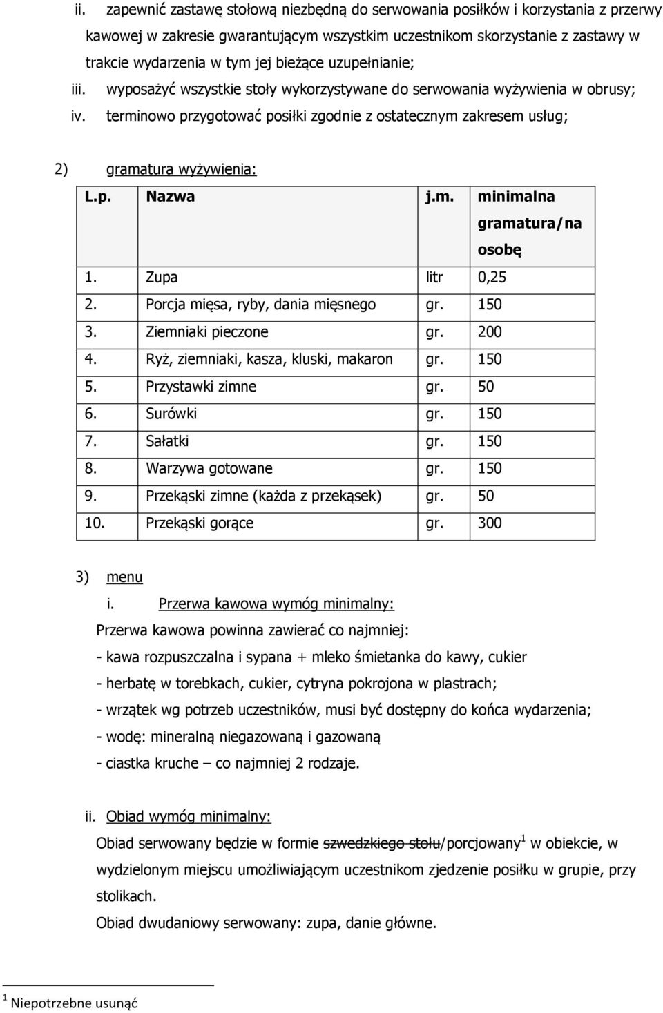 terminowo przygotować posiłki zgodnie z ostatecznym zakresem usług; 2) gramatura wyżywienia: L.p. Nazwa j.m. minimalna gramatura/na osobę 1. Zupa litr 0,25 2. Porcja mięsa, ryby, dania mięsnego gr.