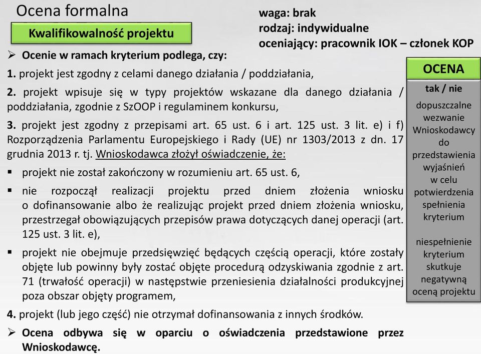 e) i f) Rozporządzenia Parlamentu Europejskiego i Rady (UE) nr 1303/2013 z dn. 17 grudnia 2013 r. tj. Wnioskodawca złożył oświadczenie, że: projekt nie został zakończony w rozumieniu art. 65 ust.