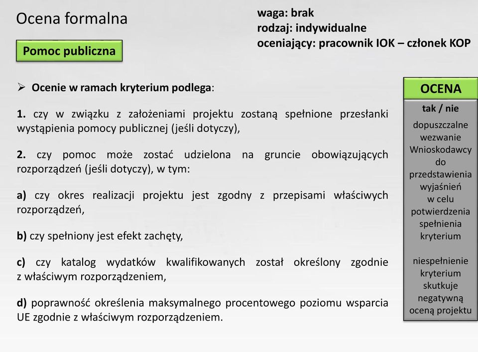 czy pomoc może zostać udzielona na gruncie obowiązujących rozporządzeń (jeśli dotyczy), w tym: a) czy okres realizacji projektu jest zgodny z przepisami właściwych rozporządzeń, b) czy spełniony
