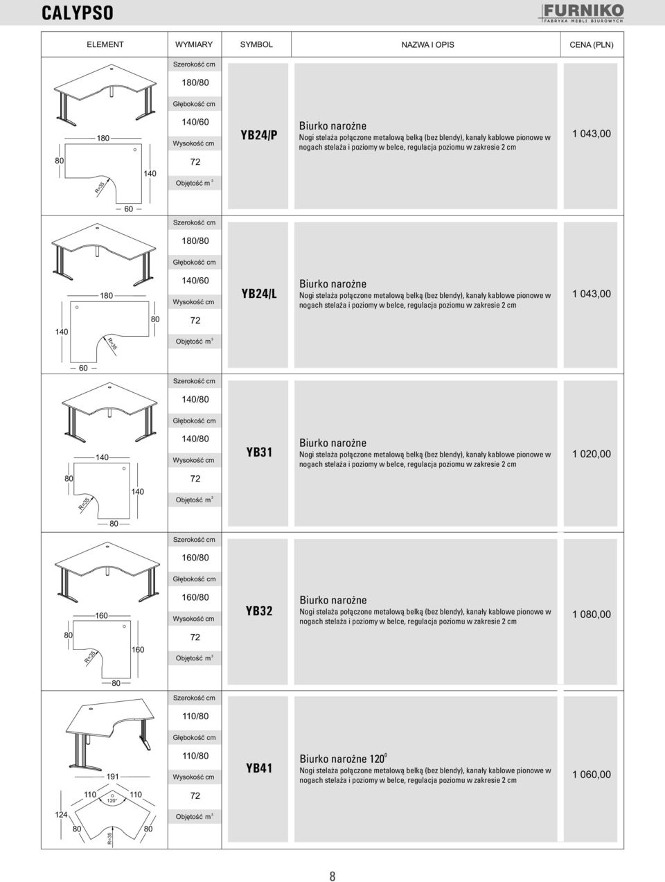 Biurko narożne Nogi stelaża połączone metalową belką (bez blendy), kanały kablowe pionowe w nogach stelaża i poziomy w belce, regulacja poziomu w zakresie 2 cm 1 020,00 R=5 1/ 1 1/ YB2 Biurko narożne