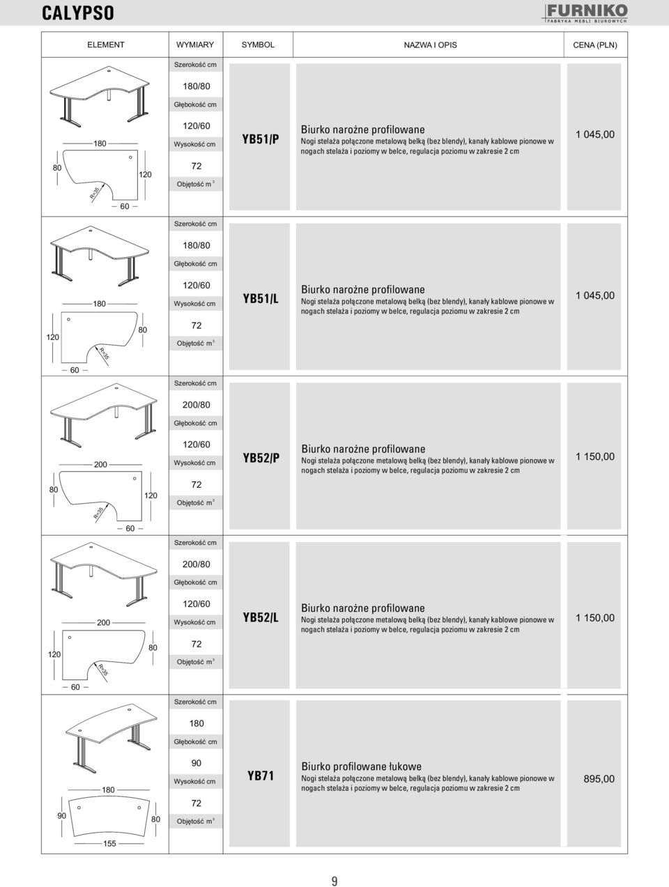 045,00 R=5 200/ 200 / YB52/P Biurko narożne profilowane Nogi stelaża połączone metalową belką (bez blendy), kanały kablowe pionowe w nogach stelaża i poziomy w belce, regulacja poziomu w zakresie 2