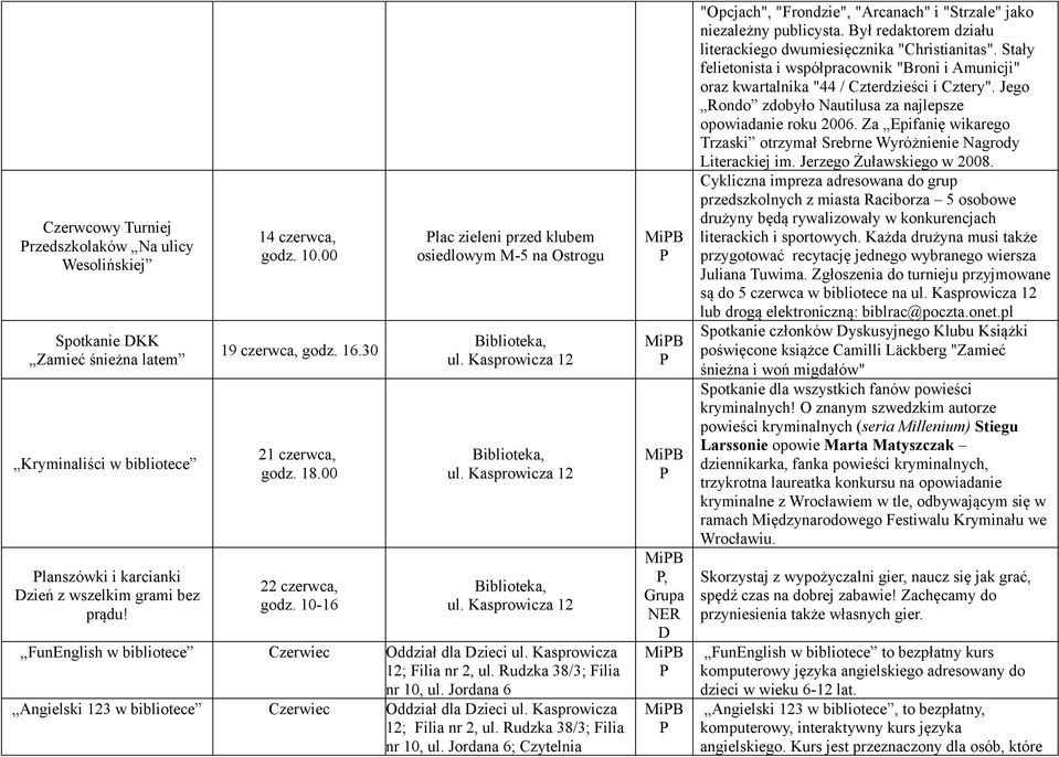 Kasprowicza 12; Filia nr 2, ul. Rudzka 38/3; Filia nr 10, Angielski 123 w bibliotece Czerwiec Oddział dla Dzieci ul. Kasprowicza 12; Filia nr 2, ul.