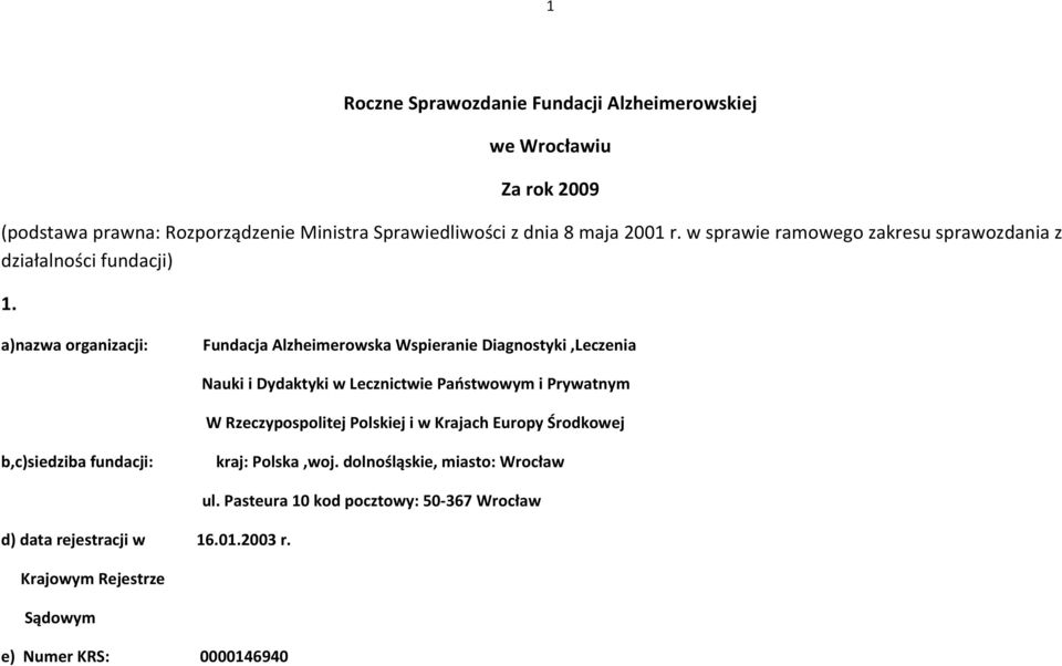 a)nazwa organizacji: Fundacja Alzheimerowska Wspieranie Diagnostyki,Leczenia Nauki i Dydaktyki w Lecznictwie Państwowym i Prywatnym W Rzeczypospolitej