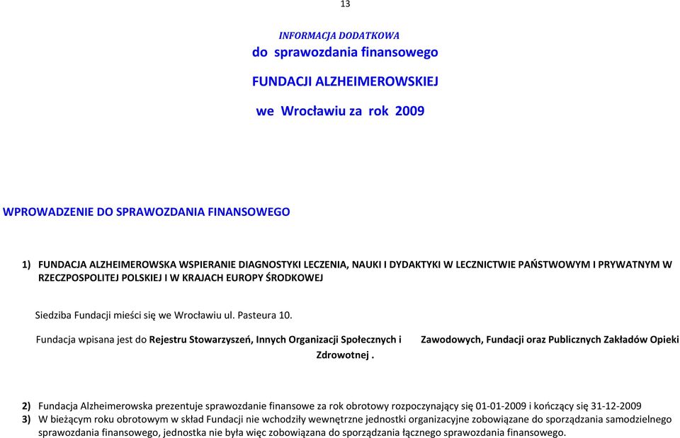 Fundacja wpisana jest do Rejestru Stowarzyszeń, Innych Organizacji Społecznych i Zawodowych, Fundacji oraz Publicznych Zakładów Opieki Zdrowotnej.