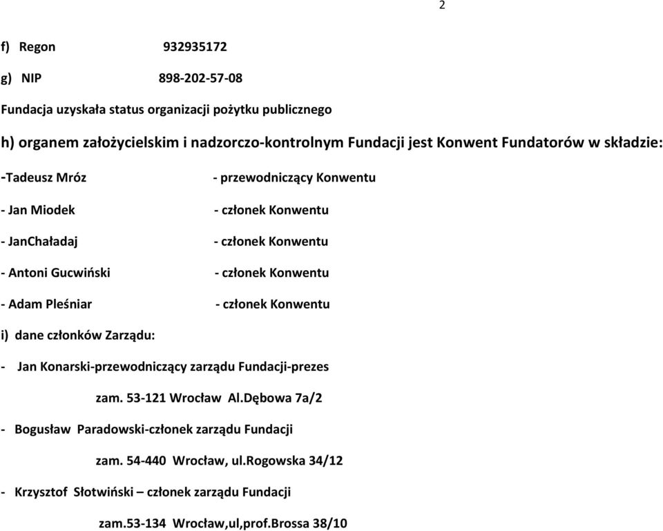 Konwentu - Adam Pleśniar - członek Konwentu i) dane członków Zarządu: - Jan Konarski-przewodniczący zarządu Fundacji-prezes zam. 53-121 Wrocław Al.