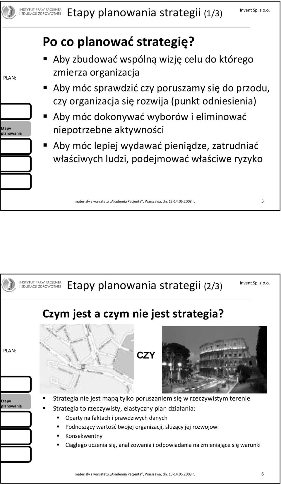 niepotrzebne aktywności Aby móc lepiej wydawać pieniądze, zatrudniać właściwych ludzi, podejmować właściwe ryzyko 5 Etapy planowania strategii (2/3) Czym jest a czym nie jest strategia?