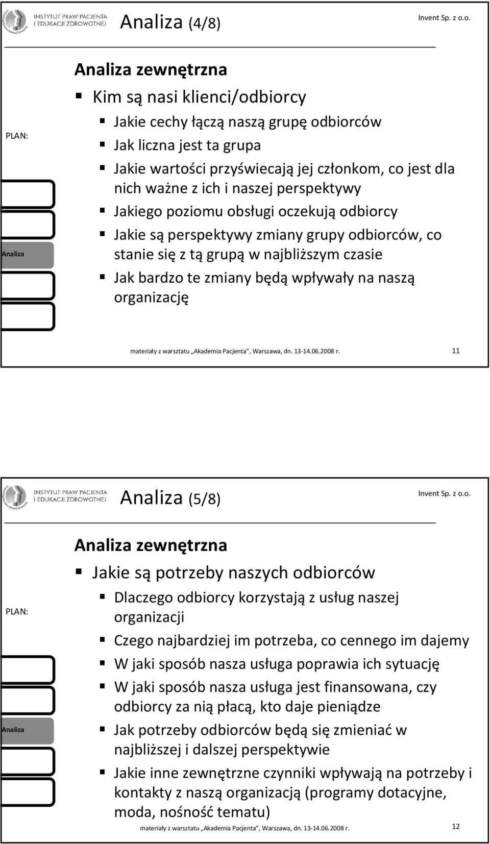 (5/8) zewnętrzna Jakie są potrzeby naszych odbiorców Dlaczego odbiorcy korzystająz usług naszej organizacji Czego najbardziej im potrzeba, co cennego im dajemy W jaki sposób nasza usługa poprawia ich
