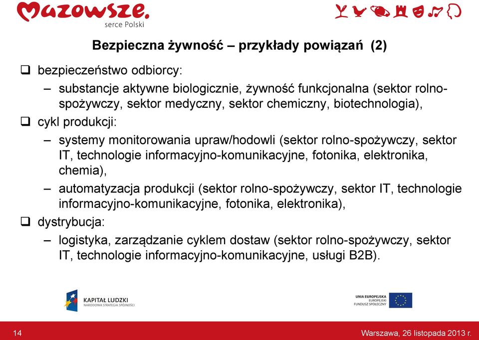 informacyjno-komunikacyjne, fotonika, elektronika, chemia), automatyzacja produkcji (sektor rolno-spożywczy, sektor IT, technologie