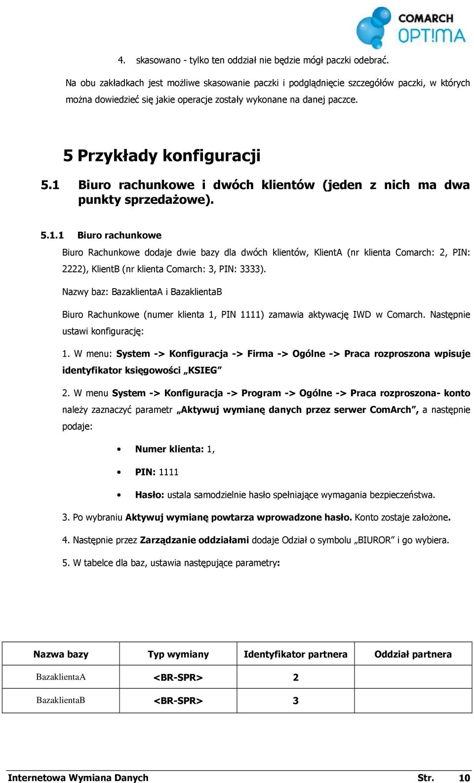 1 Biuro rachunkowe i dwóch klientów (jeden z nich ma dwa punkty sprzedaŝowe). 5.1.1 Biuro rachunkowe Biuro Rachunkowe dodaje dwie bazy dla dwóch klientów, KlientA (nr klienta Comarch: 2, PIN: 2222), KlientB (nr klienta Comarch: 3, PIN: 3333).