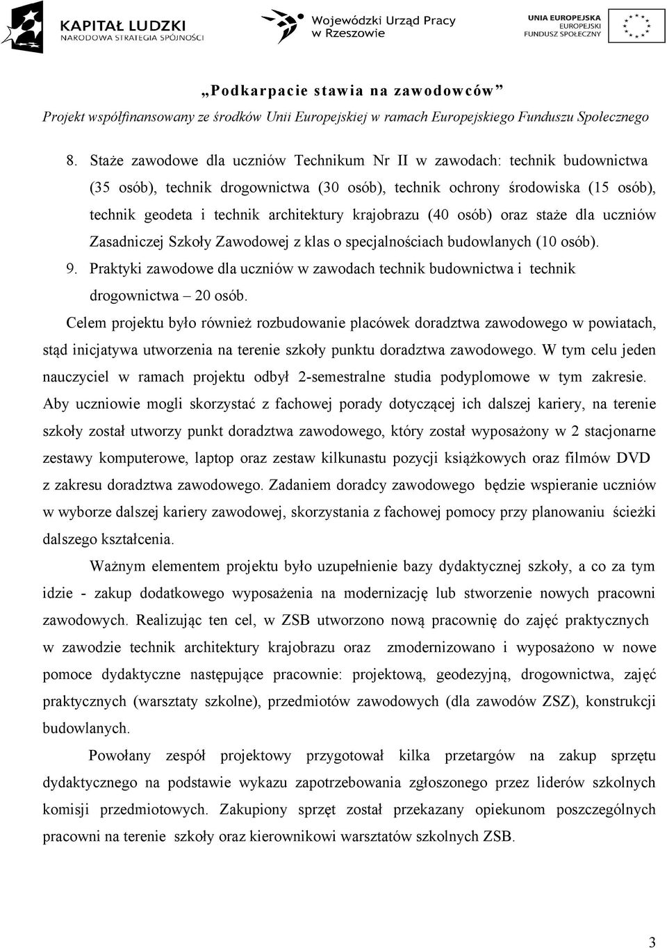 Praktyki zawodowe dla uczniów w zawodach technik budownictwa i technik drogownictwa 20 osób.