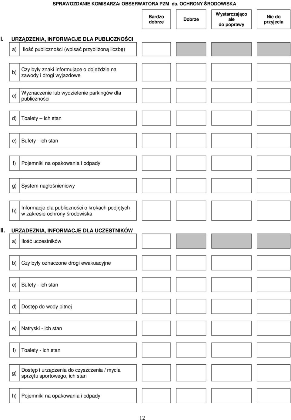 parkingów dla publiczności d) Toalety ich stan e) Bufety - ich stan f) Pojemniki na opakowania i odpady g) System nagłośnieniowy h) Informacje dla publiczności o krokach podjętych w zakresie ochrony