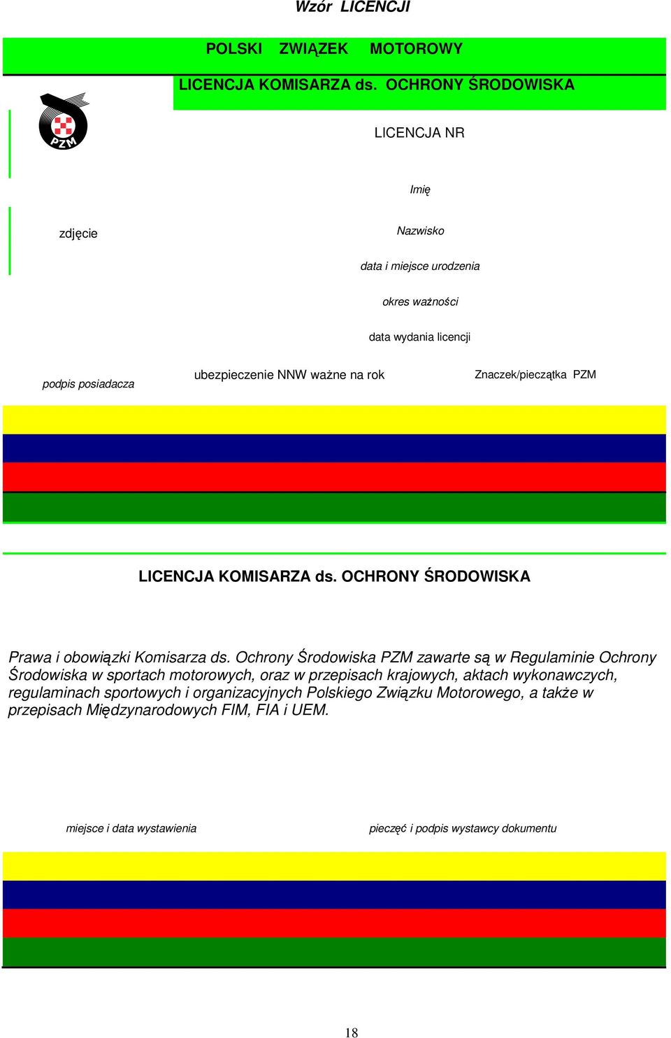 rok Znaczek/pieczątka PZM LICENCJA KOMISARZA ds. OCHRONY ŚRODOWISKA Prawa i obowiązki Komisarza ds.