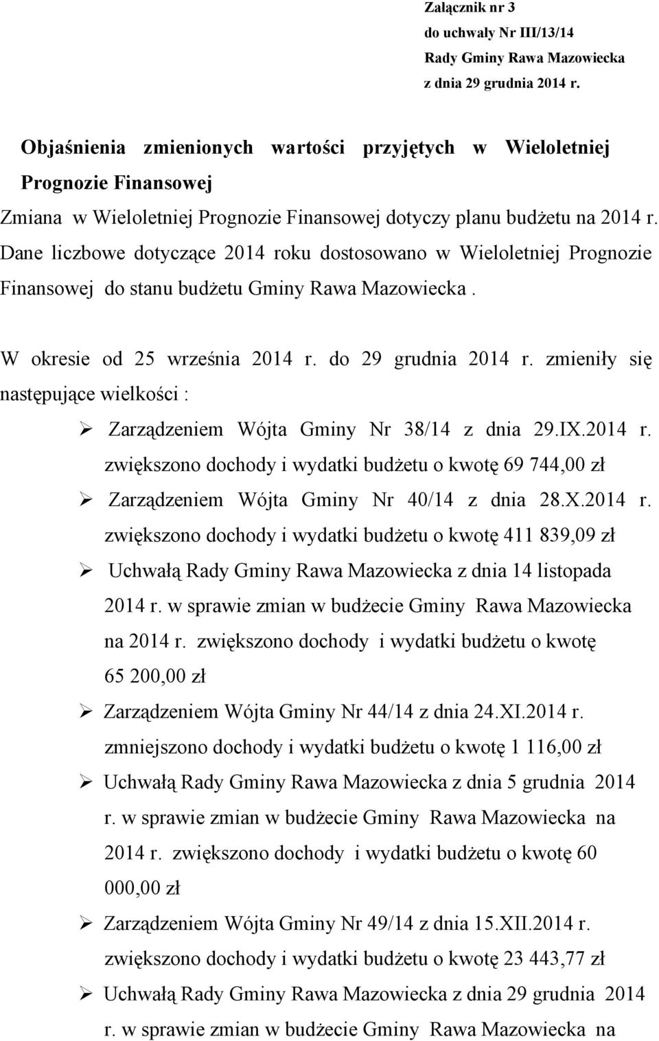Dane liczbowe dotyczące 2014 roku dostosowano w Wieloletniej Prognozie Finansowej do stanu budżetu Gminy Rawa Mazowiecka. W okresie od 25 września 2014 r. do 29 grudnia 2014 r.