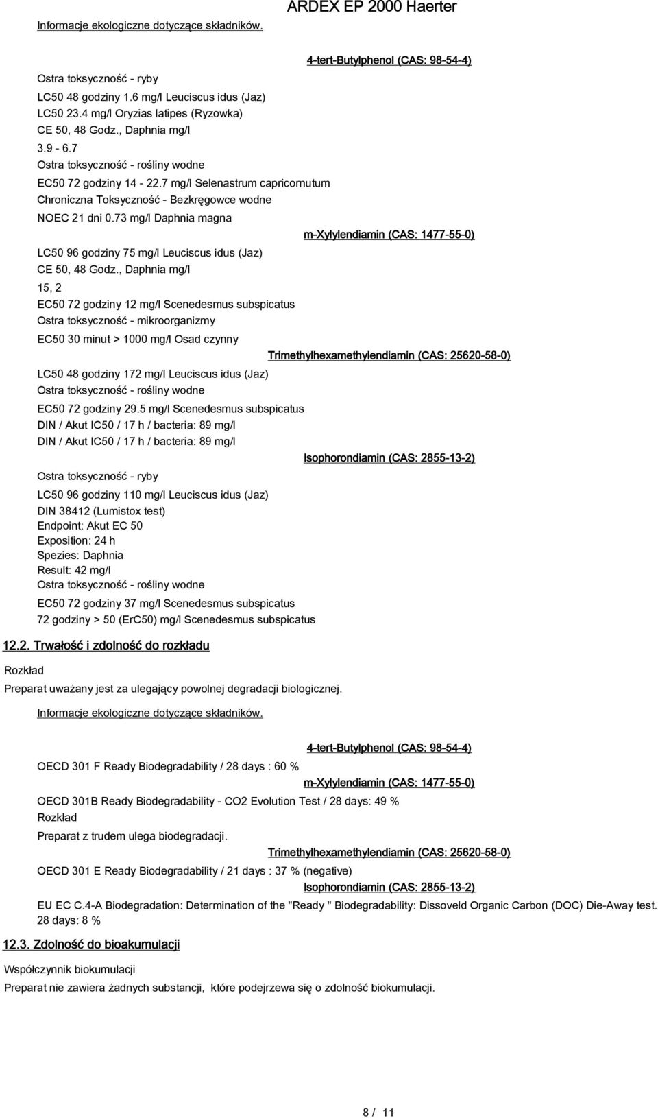 73 mg/l Daphnia magna LC50 96 godziny 75 mg/l Leuciscus idus (Jaz) CE 50, 48 Godz.