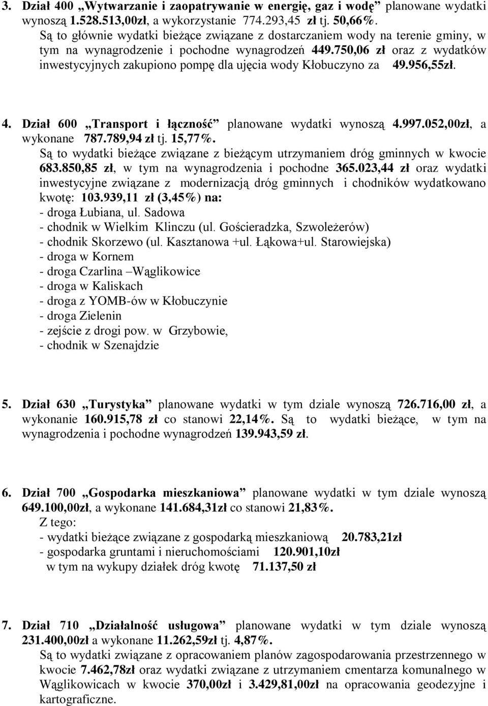 750,06 zł oraz z wydatków inwestycyjnych zakupiono pompę dla ujęcia wody Kłobuczyno za 49.956,55zł. 4. Dział 600 Transport i łączność planowane wydatki wynoszą 4.997.052,00zł, a wykonane 787.