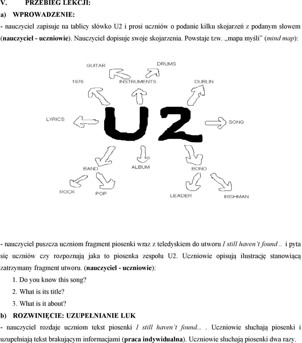 mapa myśli (mind map): - nauczyciel puszcza uczniom fragment piosenki wraz z teledyskiem do utworu I still haven t found i pyta się uczniów czy rozpoznają jaka to piosenka zespołu U2.