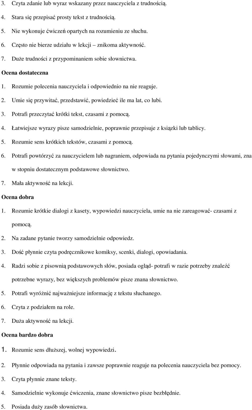 Umie się przywitać, przedstawić, powiedzieć ile ma lat, co lubi. 3. Potrafi przeczytać krótki tekst, czasami z pomocą. 4.