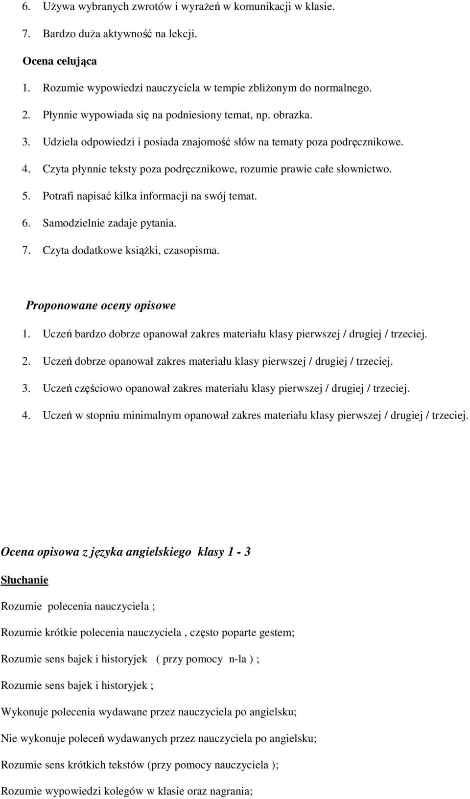 Czyta płynnie teksty poza podręcznikowe, rozumie prawie całe słownictwo. 5. Potrafi napisać kilka informacji na swój temat. 6. Samodzielnie zadaje pytania. 7. Czyta dodatkowe książki, czasopisma.