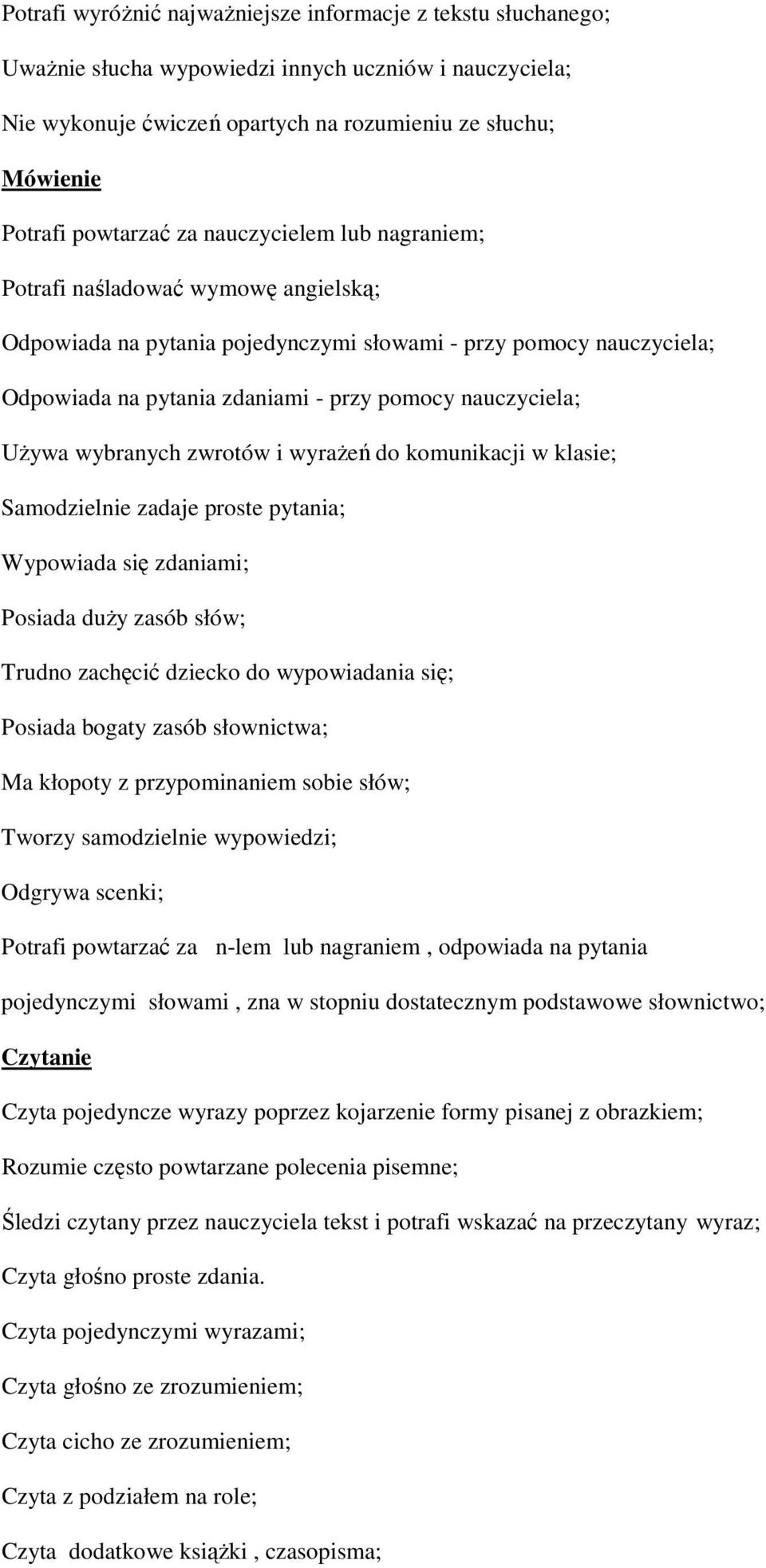 nauczyciela; Używa wybranych zwrotów i wyrażeń do komunikacji w klasie; Samodzielnie zadaje proste pytania; Wypowiada się zdaniami; Posiada duży zasób słów; Trudno zachęcić dziecko do wypowiadania