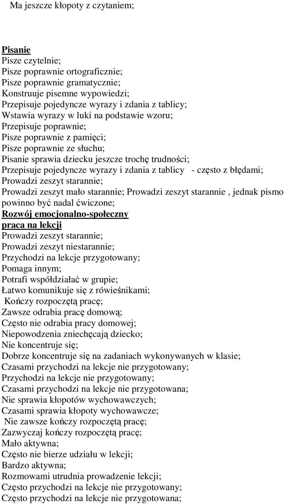 zdania z tablicy - często z błędami; Prowadzi zeszyt starannie; Prowadzi zeszyt mało starannie; Prowadzi zeszyt starannie, jednak pismo powinno być nadal ćwiczone; Rozwój emocjonalno-społeczny praca