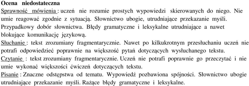 Nawet po kilkukrotnym przesłuchaniu uczeń nie potrafi odpowiedzieć poprawnie na większość pytań dotyczących wysłuchanego tekstu. Czytanie : tekst zrozumiany fragmentarycznie.