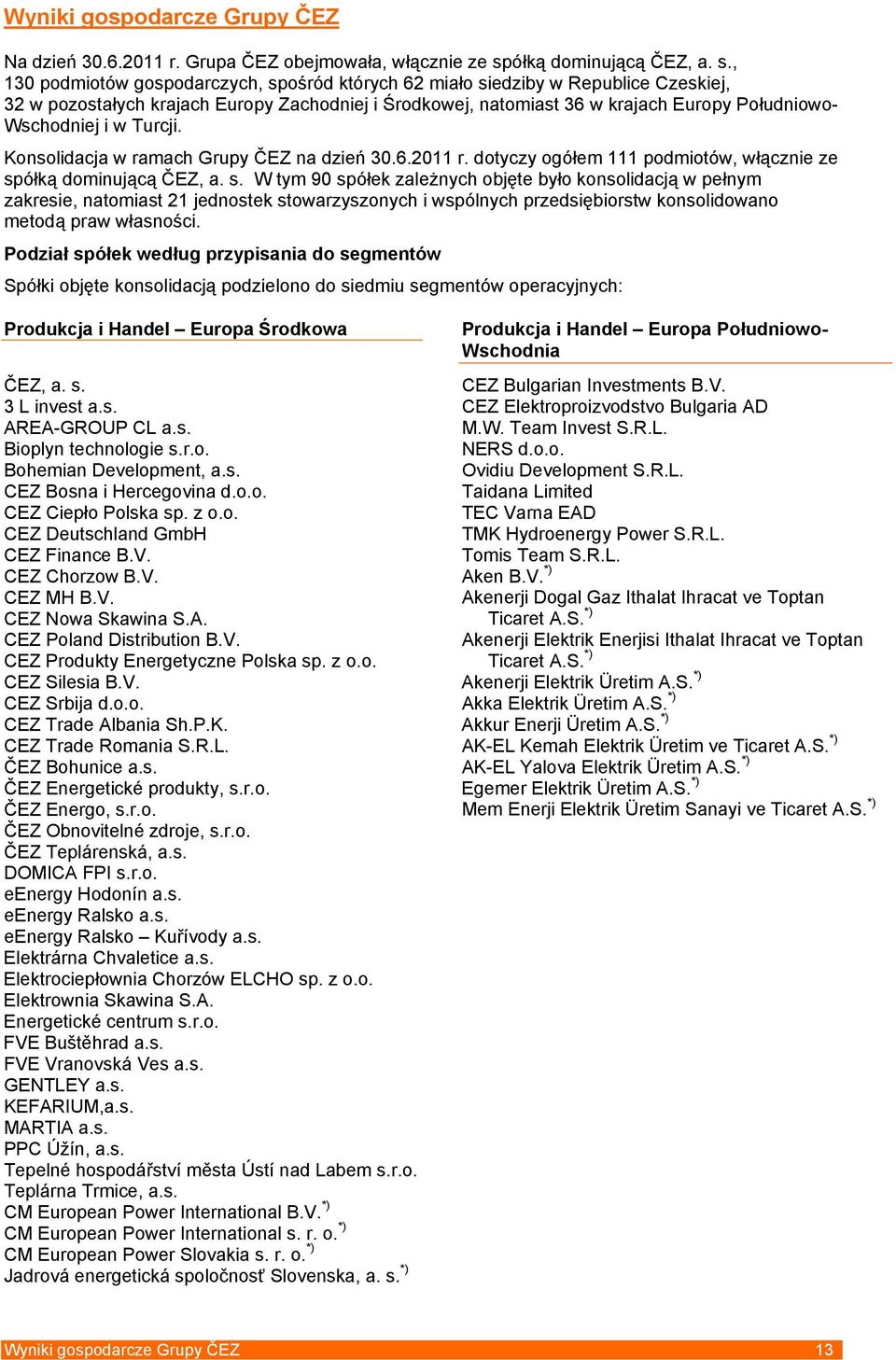 , 130 podmiotów gospodarczych, spośród których 62 miało siedziby w Republice Czeskiej, 32 w pozostałych krajach Europy Zachodniej i Środkowej, natomiast 36 w krajach Europy Południowo- Wschodniej i w