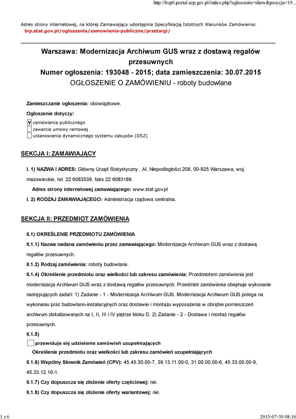 2015 OGŁOSZENIE O ZAMÓWIENIU - roboty budowlane Zamieszczanie ogłoszenia: obowiązkowe.