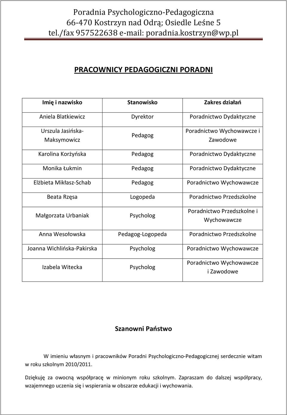 Małgorzata Urbaniak Psycholog Poradnictwo Przedszkolne i Wychowawcze Anna Wesołowska Pedagog-Logopeda Poradnictwo Przedszkolne Joanna Wichlińska-Pakirska Psycholog Poradnictwo Wychowawcze Izabela