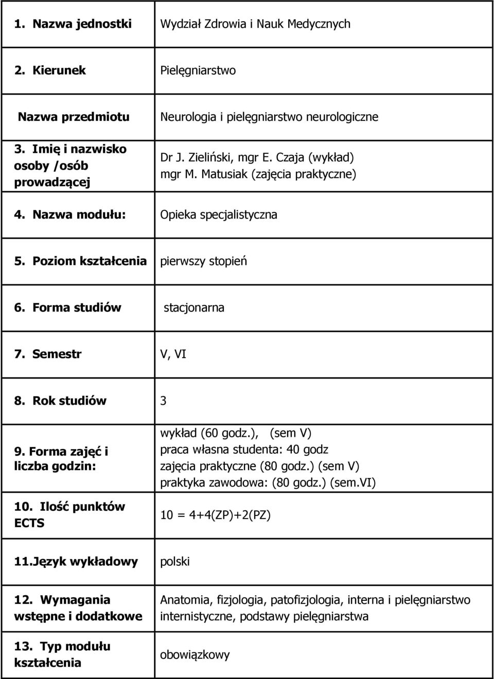 Rok studiów 3 9. Forma zajęć i liczba godzin: 10. Ilość punktów ECTS wykład (60 godz.), (sem V) praca własna studenta: 40 godz zajęcia praktyczne (80 godz.) (sem V) praktyka zawodowa: (80 godz.) (sem.vi) 10 = 4+4(ZP)+2(PZ) 11.