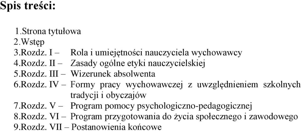 Rozdz. V Program pomocy psychologiczno-pedagogicznej 8.Rozdz. VI Program przygotowania do życia społecznego i zawodowego 9.