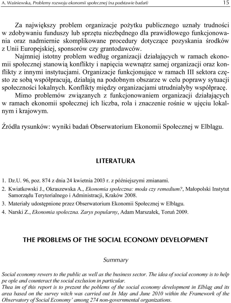 Najmniej istotny problem według organizacji działających w ramach ekonomii społecznej stanowią konflikty i napięcia wewnątrz samej organizacji oraz konflikty z innymi instytucjami.