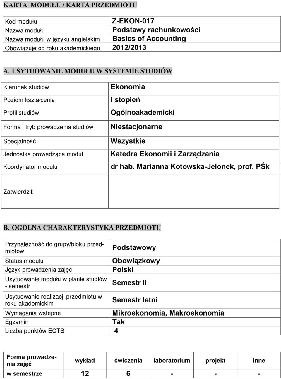 Ogólnoakademicki Niestacjonarne Wszystkie Katedra Ekonomii i Zarz¹dzania dr hab. Marianna Kotowska-Jelonek, prof. PÚk Zatwierdziù: B.