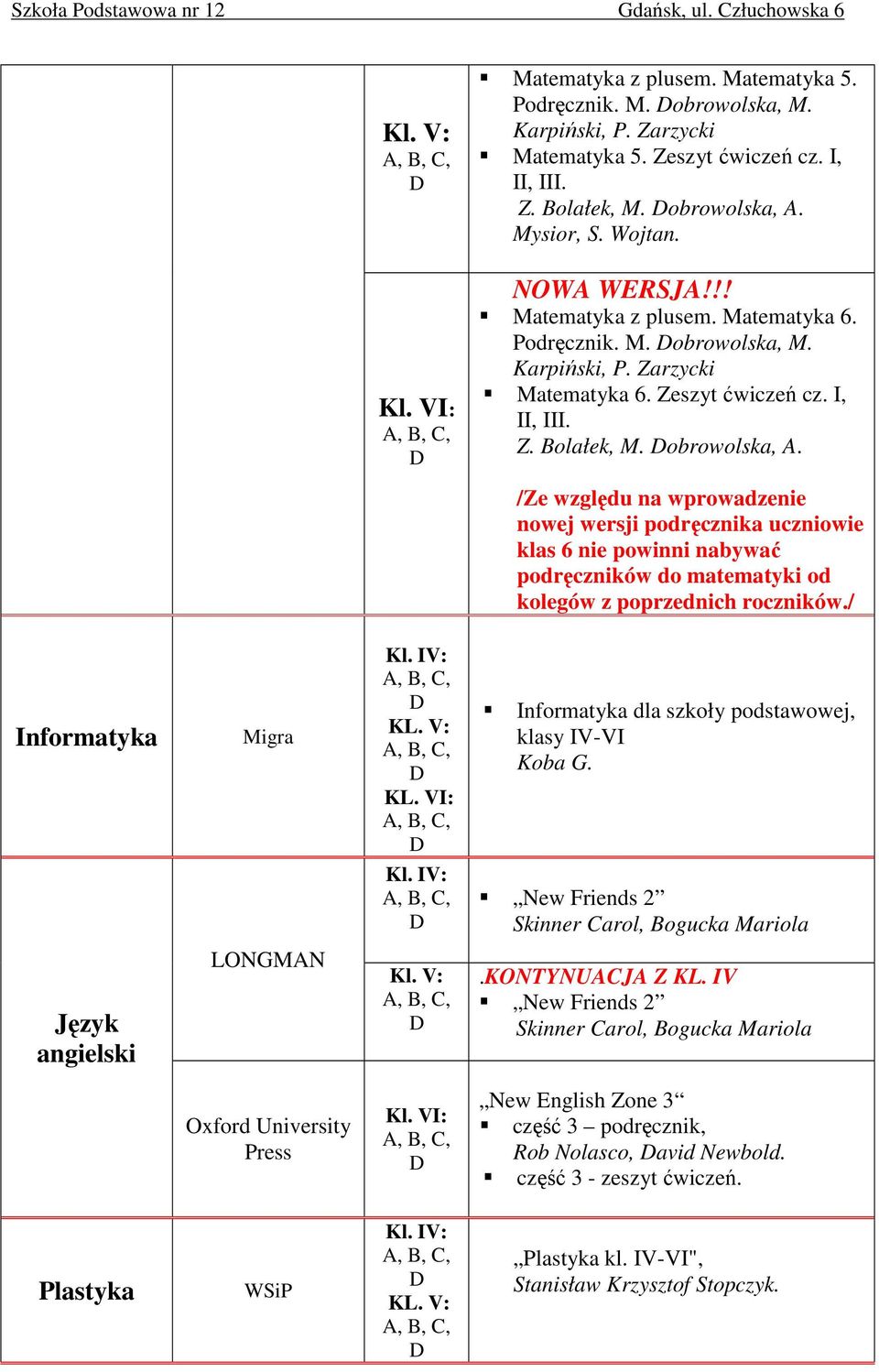 /Ze względu na wprowadzenie nowej wersji podręcznika uczniowie klas 6 nie powinni nabywać podręczników do matematyki od kolegów z poprzednich roczników./ Informatyka Migra KL. V: KL.