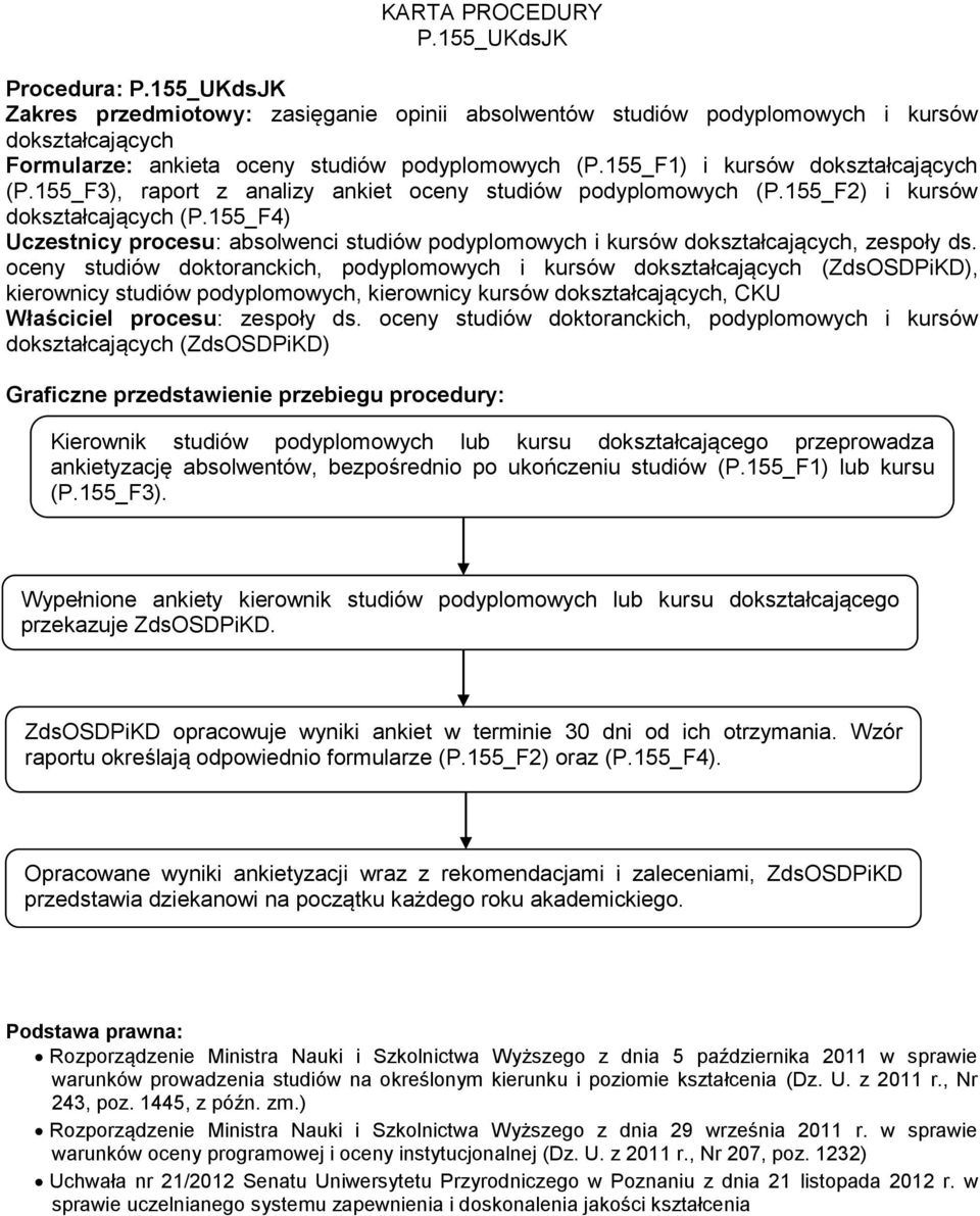 155_F3), raport z analizy ankiet oceny studiów podyplomowych (P.155_F2) i kursów dokształcających (P.155_F4) Uczestnicy procesu: absolwenci studiów podyplomowych i kursów dokształcających, zespoły ds.