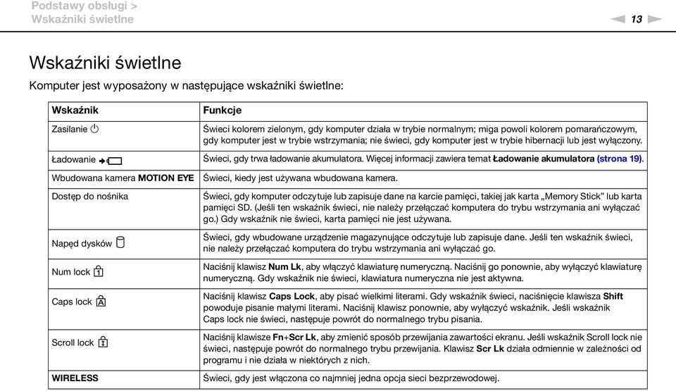 Ładowanie Świeci, gdy trwa ładowanie akumulatora. Więcej informacji zawiera temat Ładowanie akumulatora (strona 19).