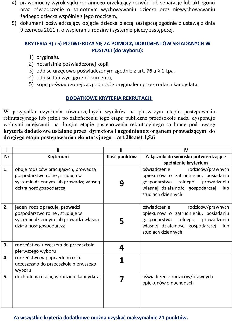 KRYTERIA 3) i 5) POTWIERDZA SIĘ ZA POMOCĄ DOKUMENTÓW SKŁADANYCH W POSTACI (do wyboru): 1) oryginału, 2) notarialnie poświadczonej kopii, 3) odpisu urzędowo poświadczonym zgodnie z art.