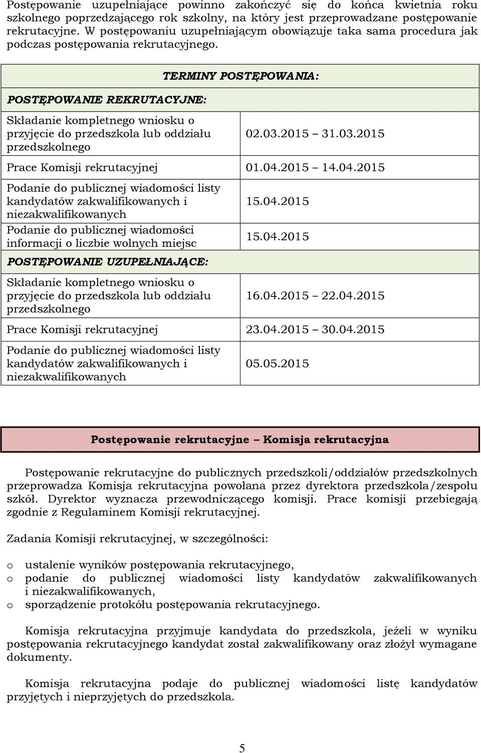 POSTĘPOWANIE REKRUTACYJNE: TERMINY POSTĘPOWANIA: Składanie kompletnego wniosku o przyjęcie do przedszkola lub oddziału przedszkolnego 02.03.2015 31.03.2015 Prace Komisji rekrutacyjnej 01.04.2015 14.