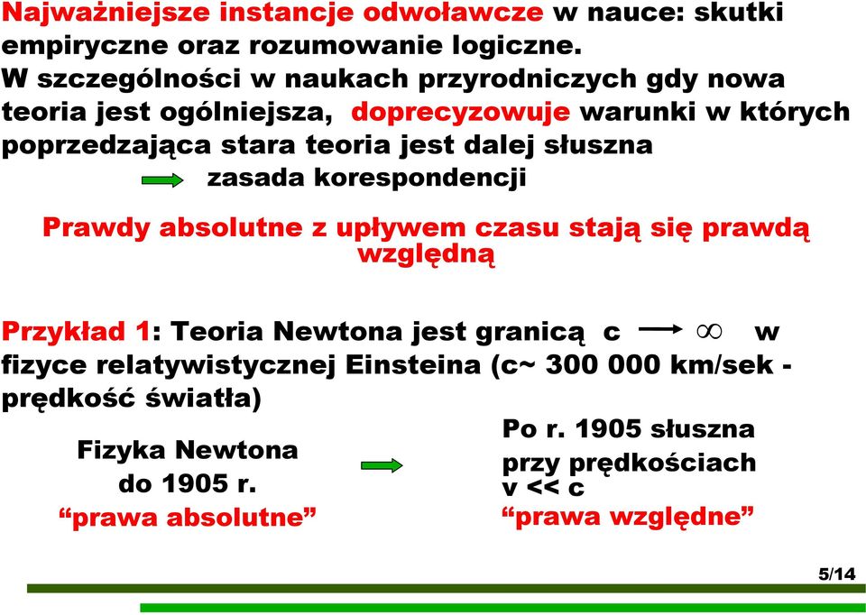 jest dalej słuszna zasada korespondencji Prawdy absolutne z upływem czasu stają się prawdą względną Przykład 1: Teoria Newtona jest