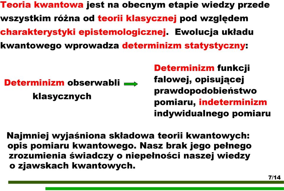 Ewolucja układu kwantowego wprowadza determinizm statystyczny: Determinizm obserwabli klasycznych Determinizm funkcji falowej,