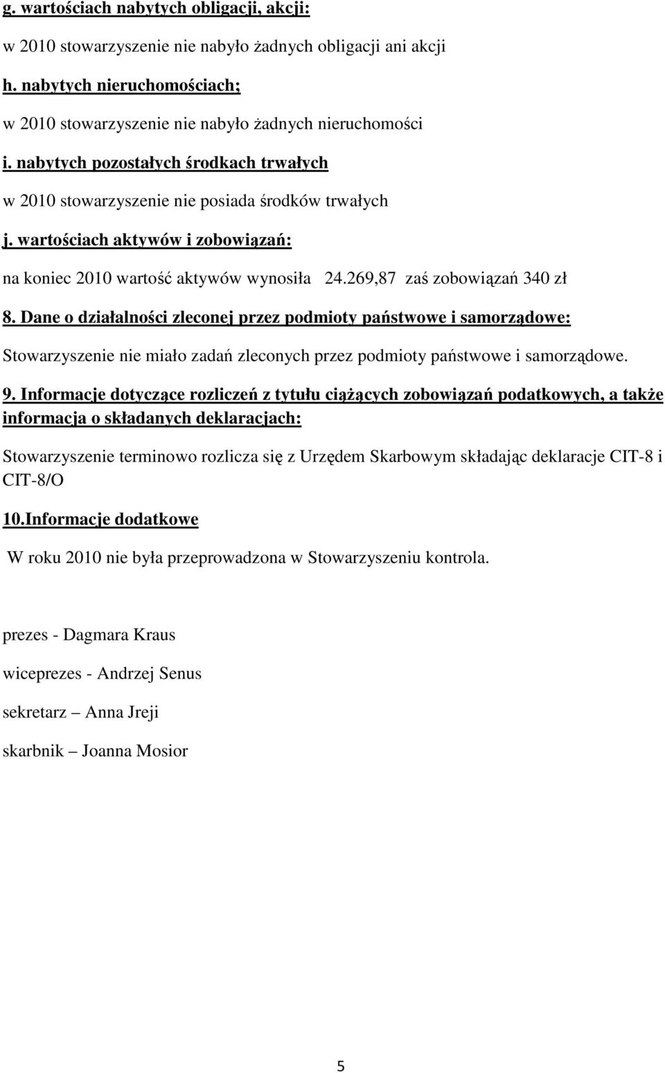 269,87 zaś zobowiązań 340 zł 8. Dane o działalności zleconej przez podmioty państwowe i samorządowe: Stowarzyszenie nie miało zadań zleconych przez podmioty państwowe i samorządowe. 9.