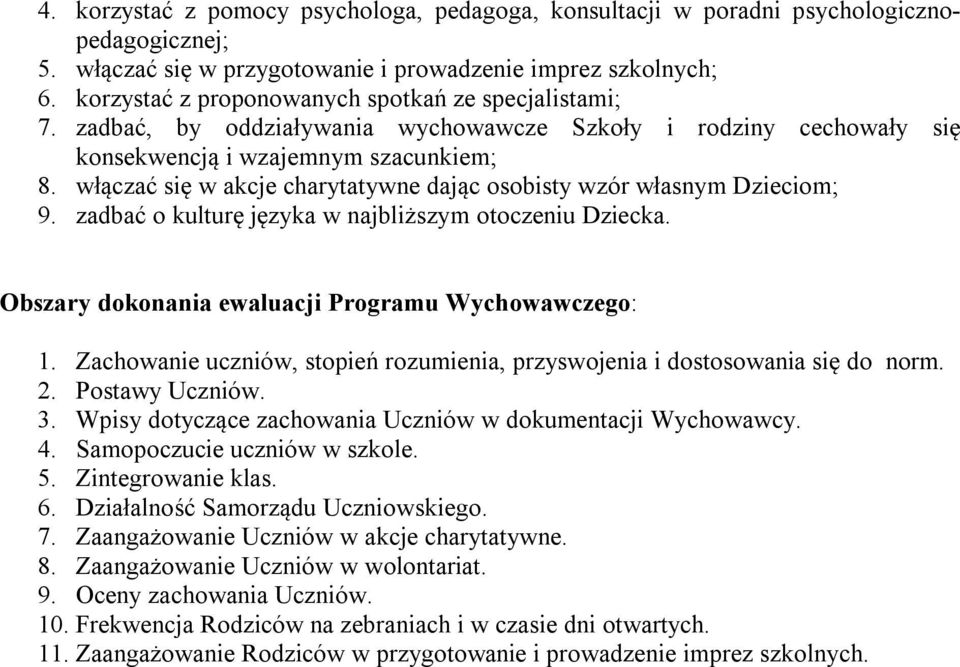 włączać się w akcje charytatywne dając osobisty wzór własnym Dzieciom; 9. zadbać o kulturę języka w najbliższym otoczeniu Dziecka. Obszary dokonania ewaluacji Programu Wychowawczego: 1.