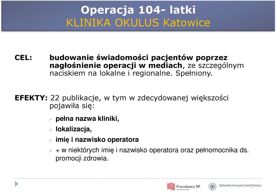 EFEKTY: 22 publikacje, w tym w zdecydowanej większości pojawiła się: pełna nazwa kliniki,