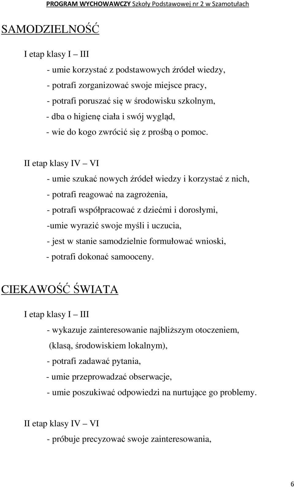 II etap klasy IV VI - umie szukać nowych źródeł wiedzy i korzystać z nich, - potrafi reagować na zagrożenia, - potrafi współpracować z dziećmi i dorosłymi, -umie wyrazić swoje myśli i uczucia, - jest