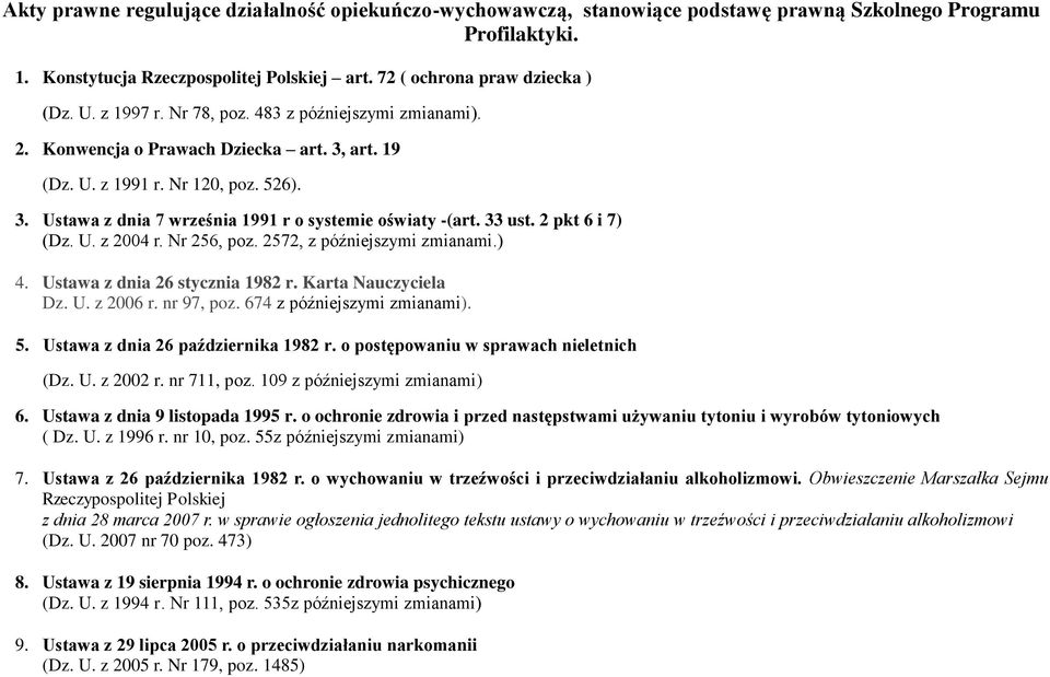 33 ust. 2 pkt 6 i 7) (Dz. U. z 2004 r. Nr 256, poz. 2572, z późniejszymi zmianami.) 4. Ustawa z dnia 26 stycznia 1982 r. Karta Nauczyciela Dz. U. z 2006 r. nr 97, poz. 674 z późniejszymi zmianami). 5.