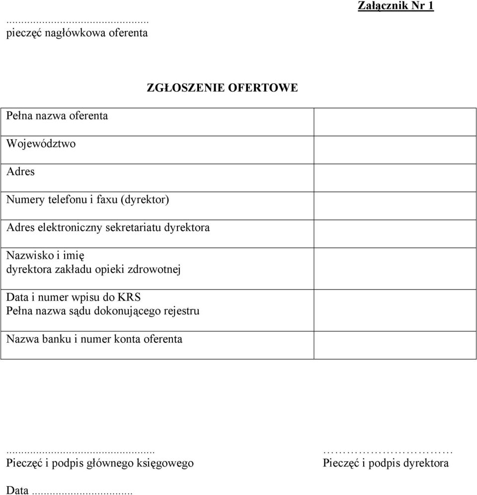 dyrektora zakładu opieki zdrowotnej Data i numer wpisu do KRS Pełna nazwa sądu dokonującego rejestru