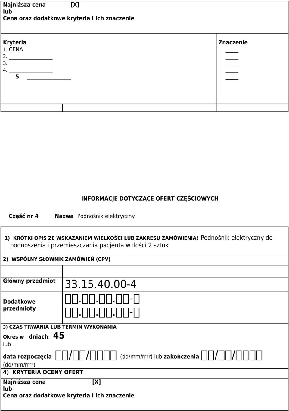 LUB ZAKRESU ZAMÓWIENIA: Podnośnik elektryczny do podnoszenia i przemieszczania