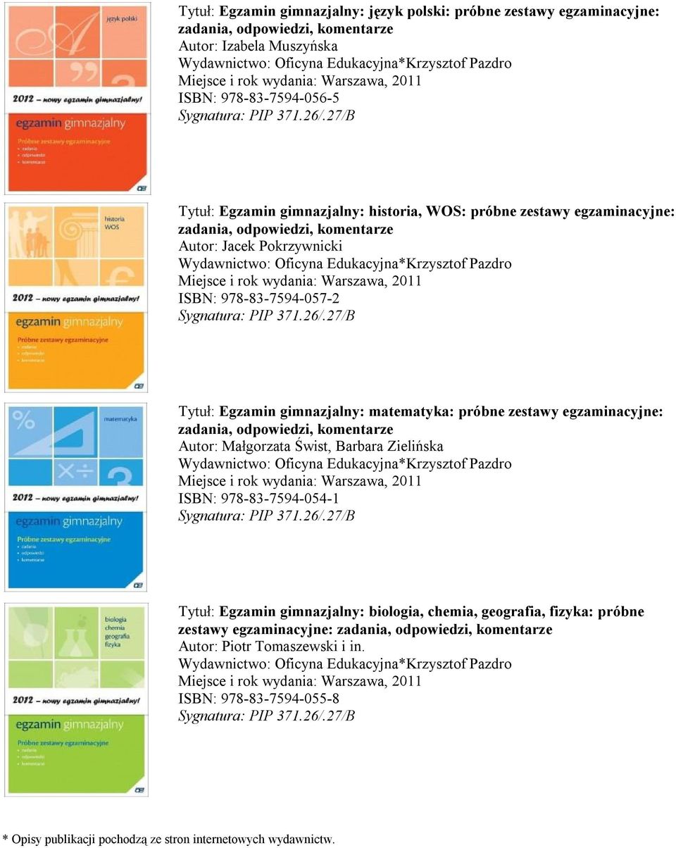 zestawy egzaminacyjne: Autor: Małgorzata Świst, Barbara Zielińska ISBN: 978-83-7594-054-1 Tytuł: Egzamin gimnazjalny: biologia, chemia, geografia,