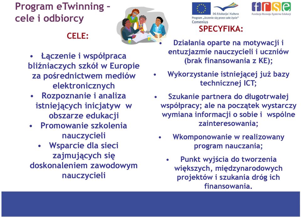 nauczycieli i uczniów (brak finansowania z KE); Wykorzystanie istniejącej już bazy technicznej ICT; Szukanie partnera do długotrwałej współpracy; ale na początek wystarczy wymiana