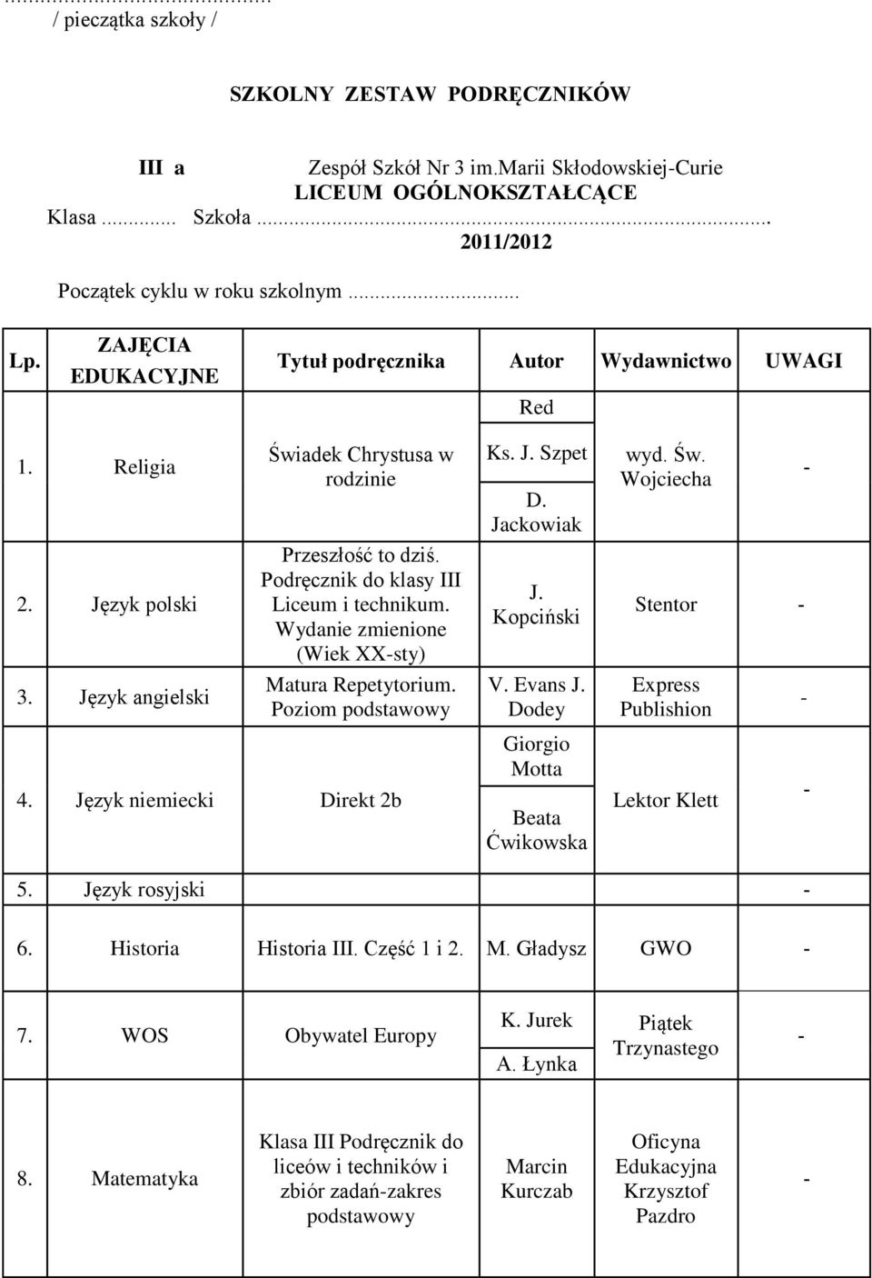 Podręcznik do klasy III Liceum i technikum. Wydanie zmienione (Wiek XXsty) Matura Repetytorium. Poziom 4. Język niemiecki Direkt 2b 5. Język rosyjski Ks. J. Szpet D. Jackowiak J. Kopciński V. Evans J.