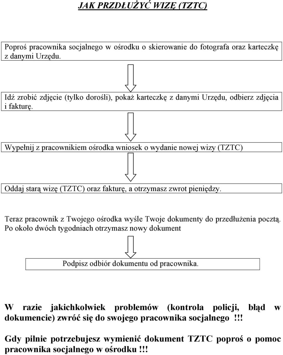 Wypełnij z pracownikiem ośrodka wniosek o wydanie nowej wizy (TZTC) Oddaj starą wizę (TZTC) oraz fakturę, a otrzymasz zwrot pieniędzy.